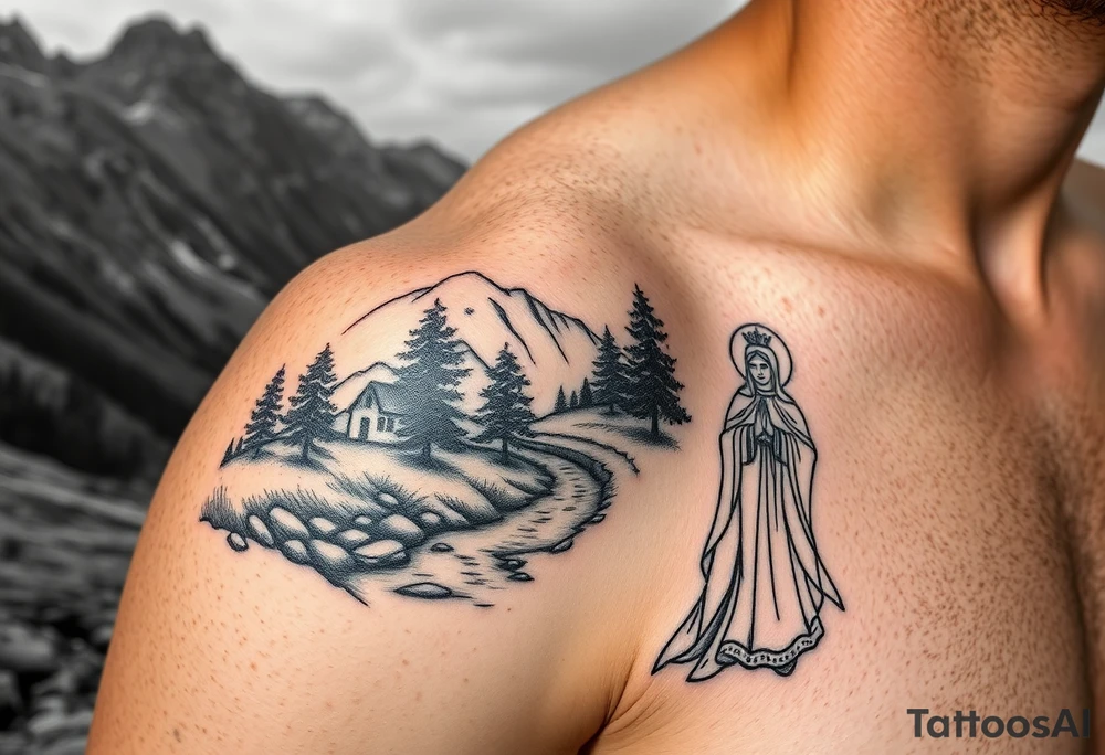 Mountainous valley with creek and a few trees with a Russian orthodox kazan scene covering my shoulder entering my upper arm with a Russian orthodox Virgin Mary tattoo idea