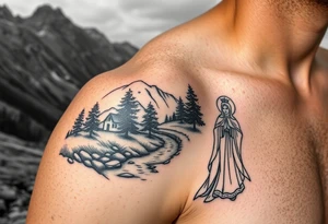 Mountainous valley with creek and a few trees with a Russian orthodox kazan scene covering my shoulder entering my upper arm with a Russian orthodox Virgin Mary tattoo idea