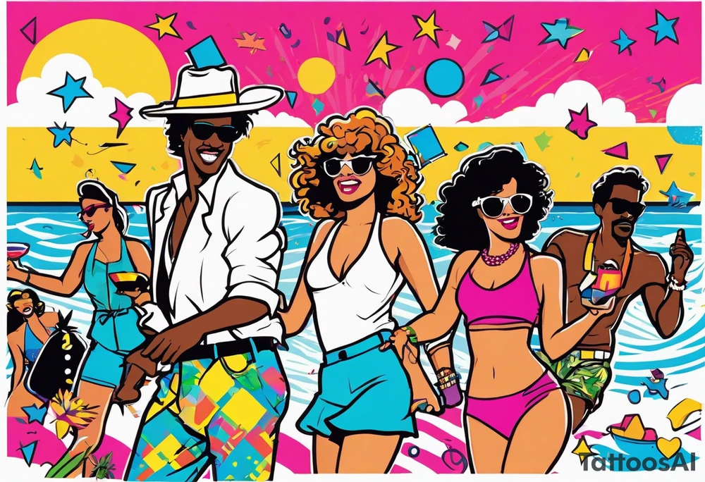 1980's miami vice style beach dance 
party, include confetti, music notes, boom box, bikinis tattoo idea