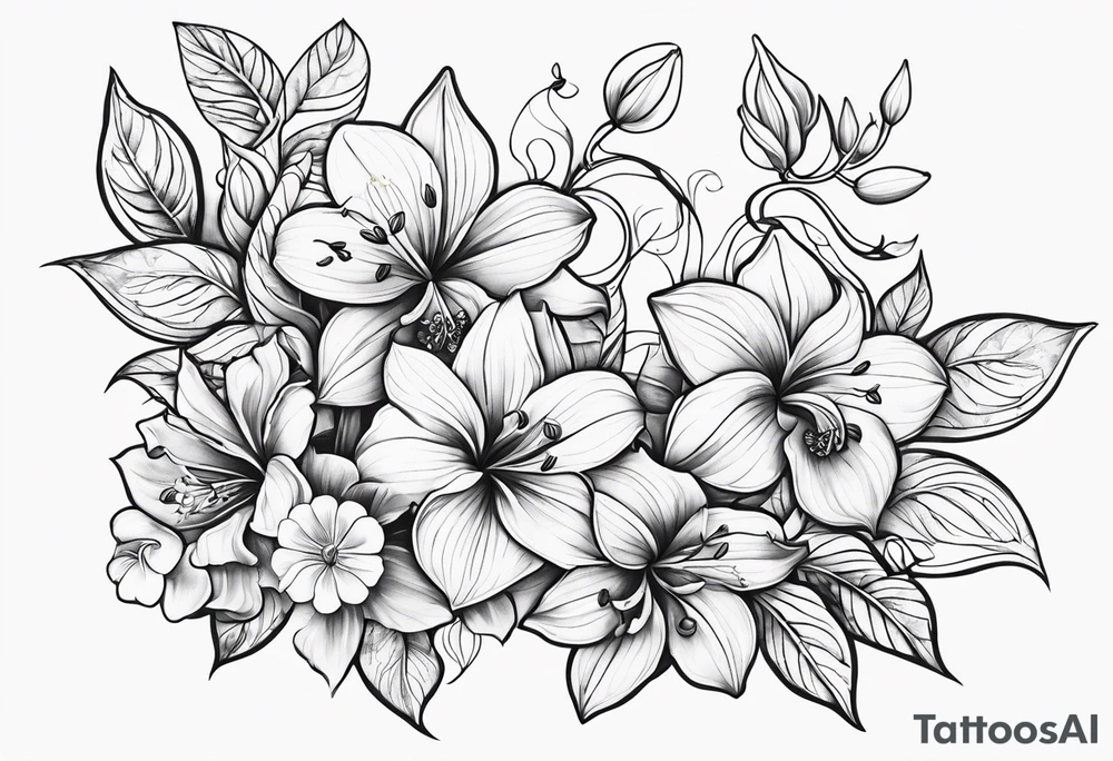 Flower and vine tattoo on upper left back climbing over the shoulder and towards the chest. Flowers should be Lilys, orchids, and dandelions. tattoo idea