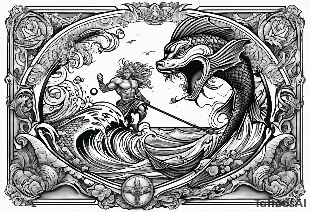 muscular
god 
posideon fighting a sport fish with a trident surrounded by sexy  female 
mermaids tattoo idea