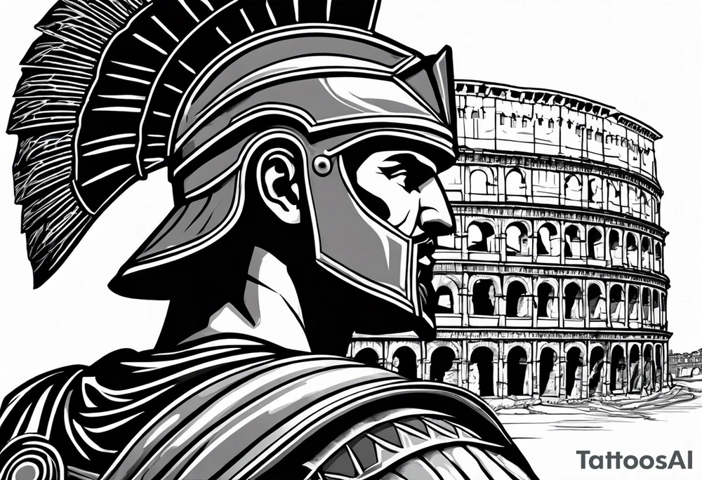 Side profile of spartan soilder looking right at Roman colosseum tattoo idea