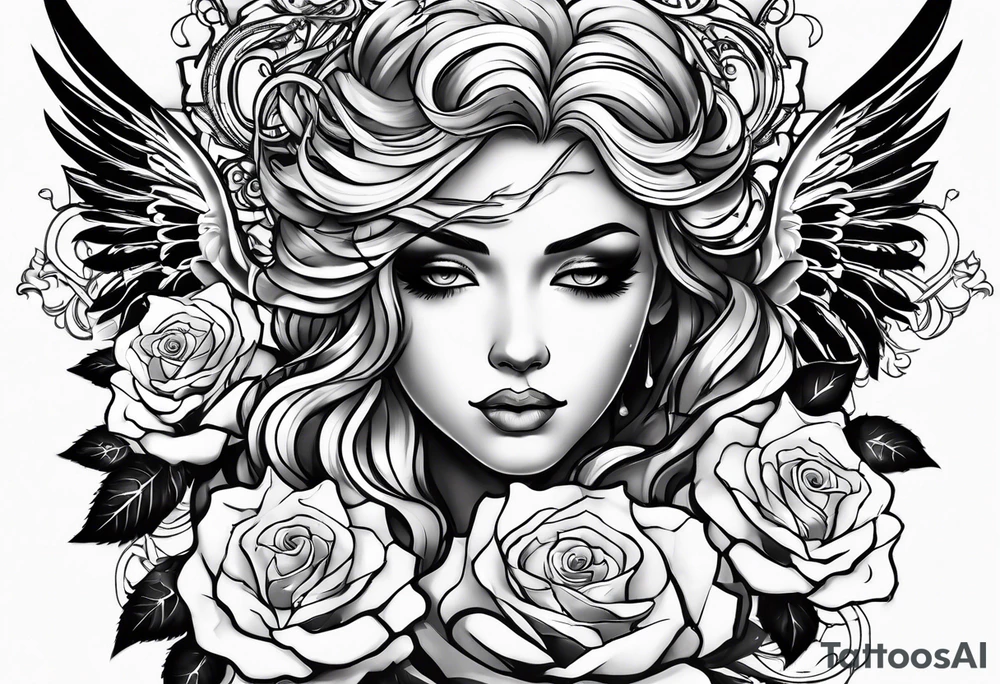 Angel, roses, name MARTINA tattoo idea