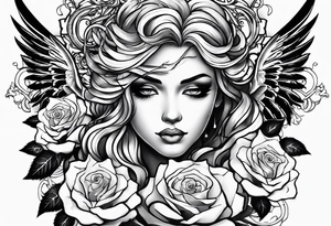 Angel, roses, name MARTINA tattoo idea