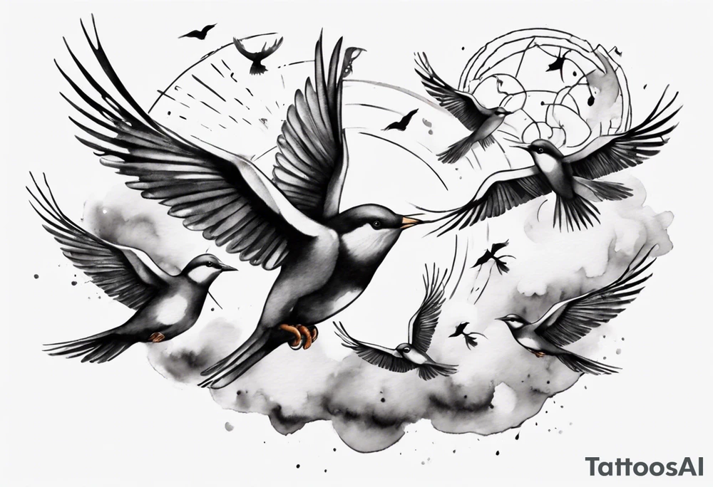 shoulder tattoo with light rays with birds flying free among the clouds, round shape, 3d effect tattoo idea