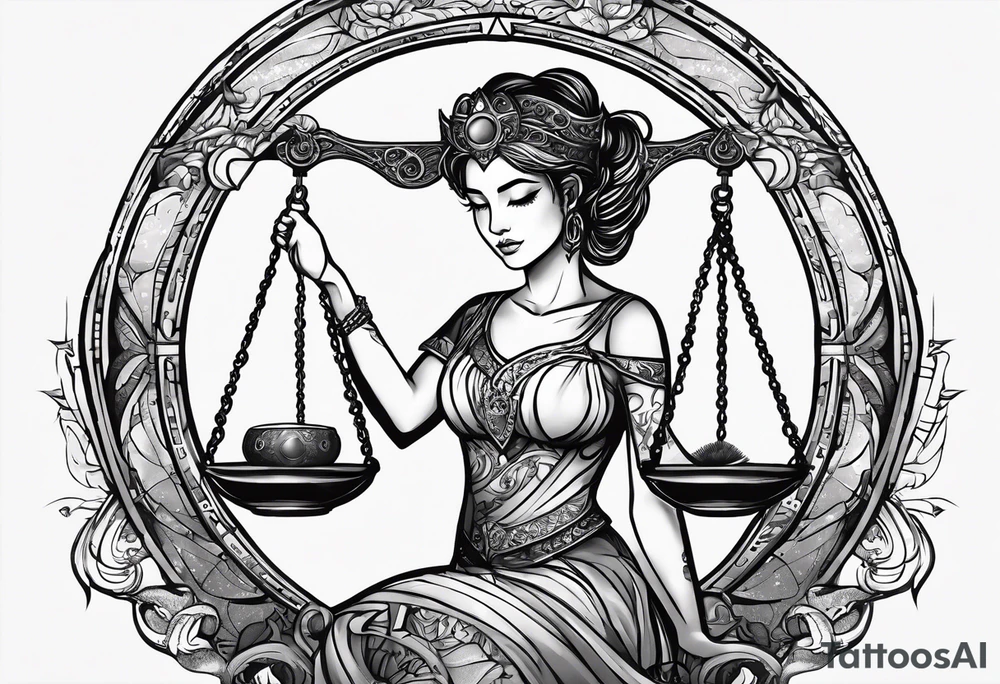 Libra woman holding scales with a night zodiac background including a half moon that encircles half of the woman tattoo idea