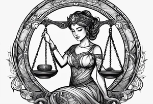 Libra woman holding scales with a night zodiac background including a half moon that encircles half of the woman tattoo idea