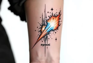 A twin comet design, one burning in fiery orange and the other glowing in icy blue, crashing into each other with word !gemini" underneath. tattoo idea