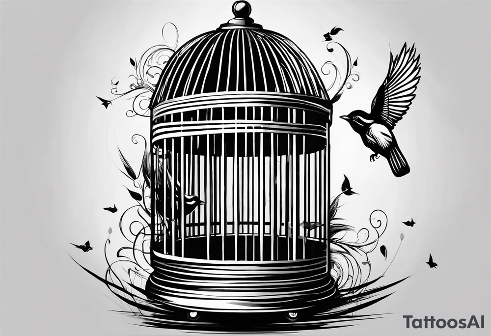 An open bird cage with a beautiful bird flying out of it. Front facing, it should be looking into the cage with the bird flying toward you out of the cage tattoo idea