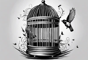 An open bird cage with a beautiful bird flying out of it. Front facing, it should be looking into the cage with the bird flying toward you out of the cage tattoo idea