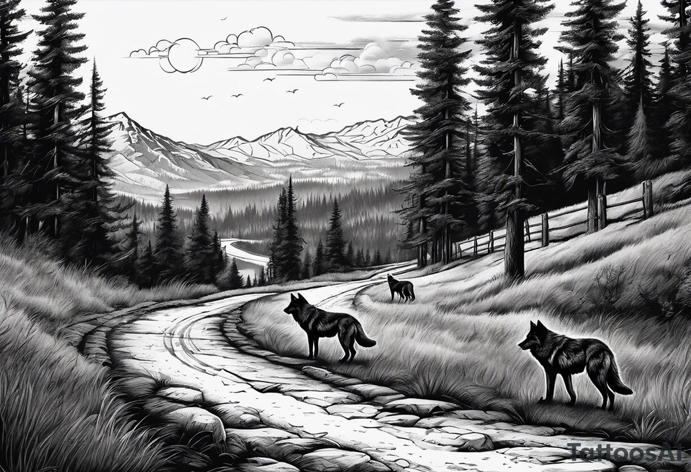 Lone wolf on a path or road. A pack of wolfs on the opposite end of road. tattoo idea