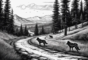 Lone wolf on a path or road. A pack of wolfs on the opposite end of road. tattoo idea