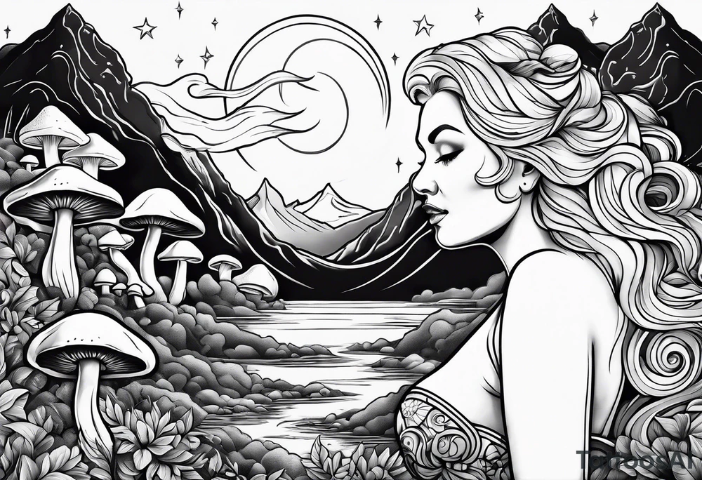 Older blonde fat woman no makeup surrounded by mushrooms mountains crescent moon background tattoo idea