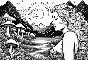 Older blonde fat woman no makeup surrounded by mushrooms mountains crescent moon background tattoo idea