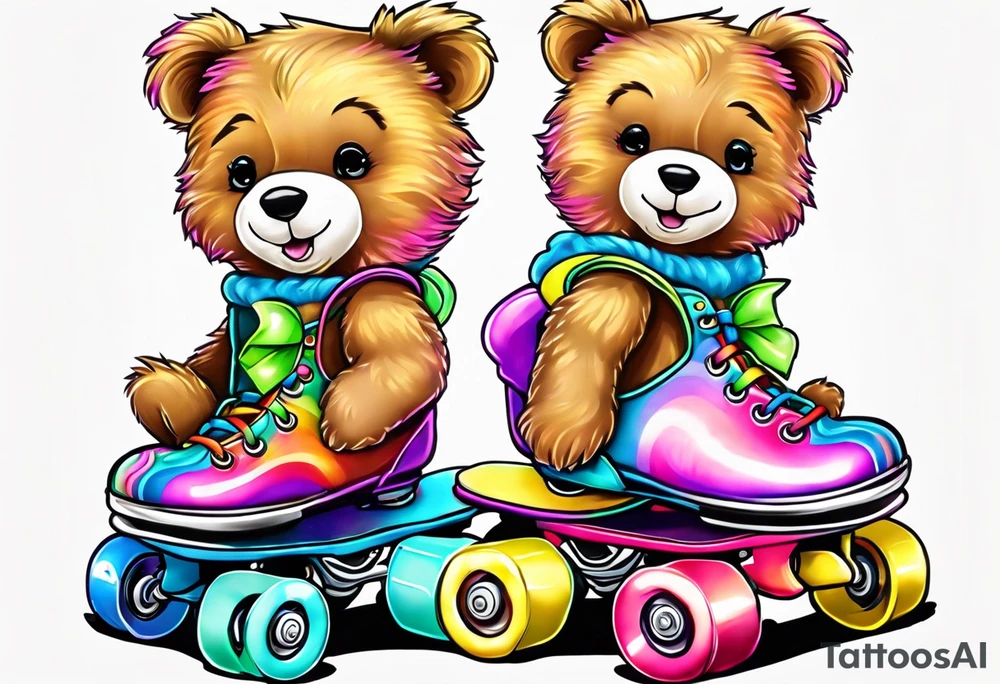 a teddy bear, wearing cute, pastel rainbow roller skates tattoo idea