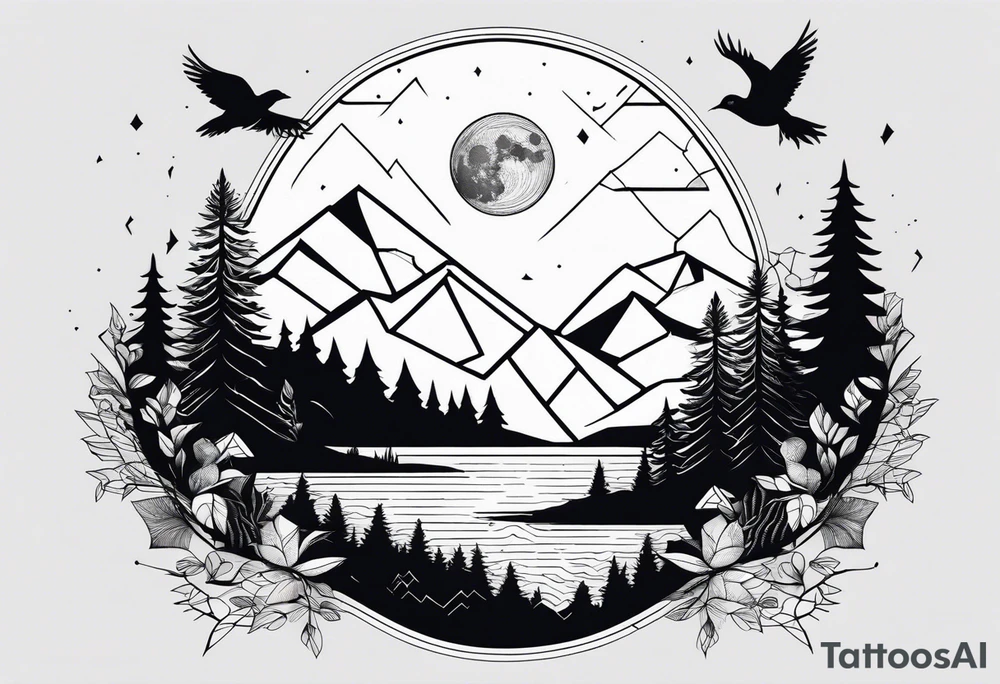 Geometric nature tattoo with moutains, lake, forest, birds and a moon. Tattoo needs to be the size of a forearm. tattoo idea