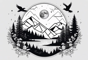 Geometric nature tattoo with moutains, lake, forest, birds and a moon. Tattoo needs to be the size of a forearm. tattoo idea