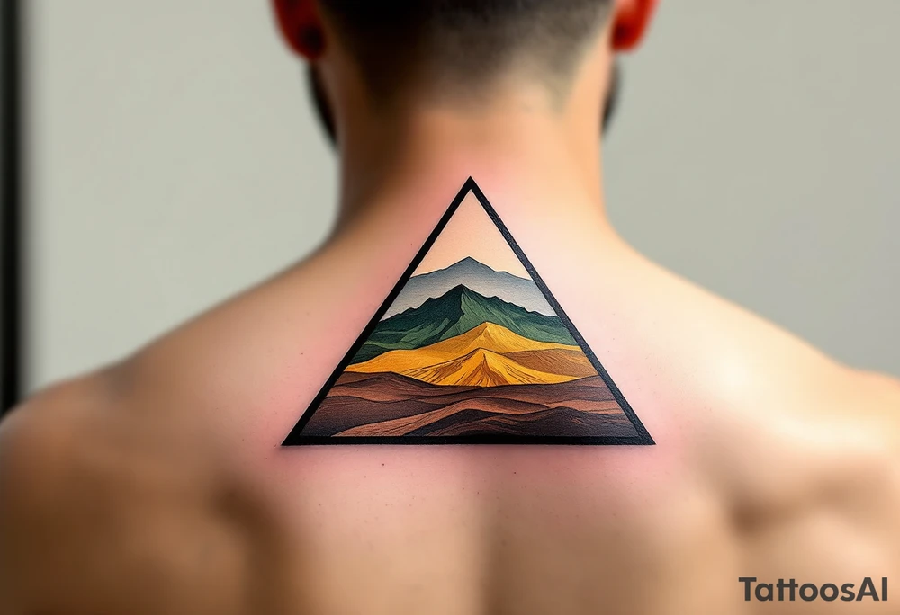 A three-layered triangle in earth tones (brown, olive, and ochre), inspired by nature and grounding located on the back of the head tattoo idea
