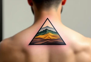 A three-layered triangle in earth tones (brown, olive, and ochre), inspired by nature and grounding located on the back of the head tattoo idea