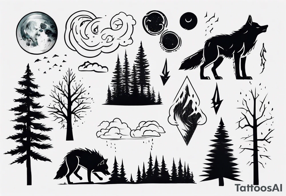 a thunderstorm over a forest and a wolf howling tattoo idea a thunderstorm over a forest and a wolf howling tattoo idea