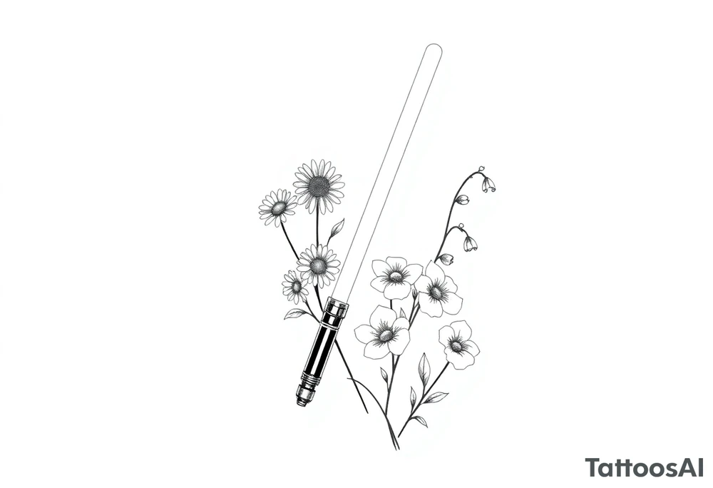 Lightsaber holding daisies, lily of the valley, and morning glories tattoo idea