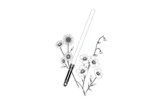 Lightsaber holding daisies, lily of the valley, and morning glories tattoo idea