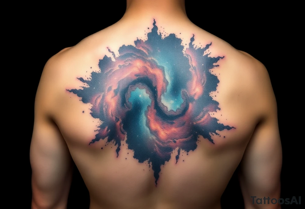 Beautiful and epic 3d milky way that appears to be what is beneath the skin. Make it drape over the shoulder and move to the middle back. use negative spaces to create stars and dust. Incorporate God breathing life into the universe. Keep it symmetrical tattoo idea
