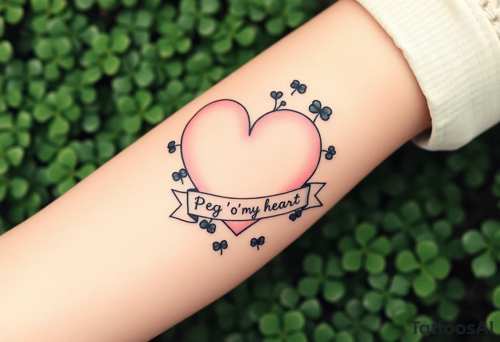a big pale pink heart in a huge patch of green shamrocks, with a banner across the heart that says Peg 'o My Heart tattoo idea