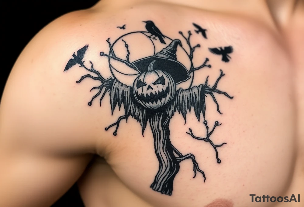 sentinel pumpkin scarecrow wicked tree with moonlight. crows flying. ornamental fade tattoo idea