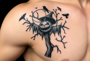 sentinel pumpkin scarecrow wicked tree with moonlight. crows flying. ornamental fade tattoo idea