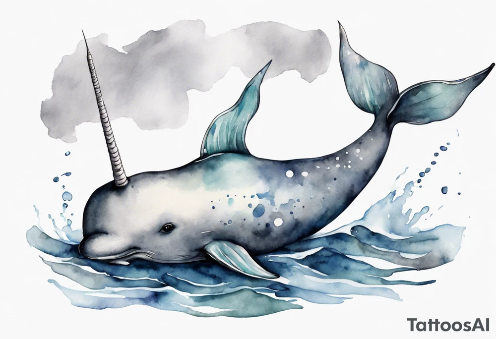 a melancholy watercolor painting of a realistic narwhal in a grey sea tattoo idea