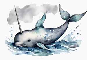 a melancholy watercolor painting of a realistic narwhal in a grey sea tattoo idea