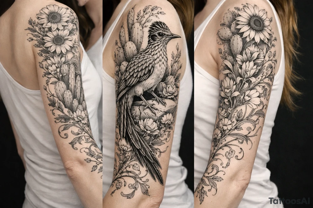 Medium size roadrunner with long tail feathers surrounded by cactus and wildflowers including sunflowers and Indian paint brush flowers from shoulder onto hand with vines and flowers tattoo idea