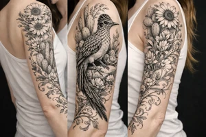 Medium size roadrunner with long tail feathers surrounded by cactus and wildflowers including sunflowers and Indian paint brush flowers from shoulder onto hand with vines and flowers tattoo idea