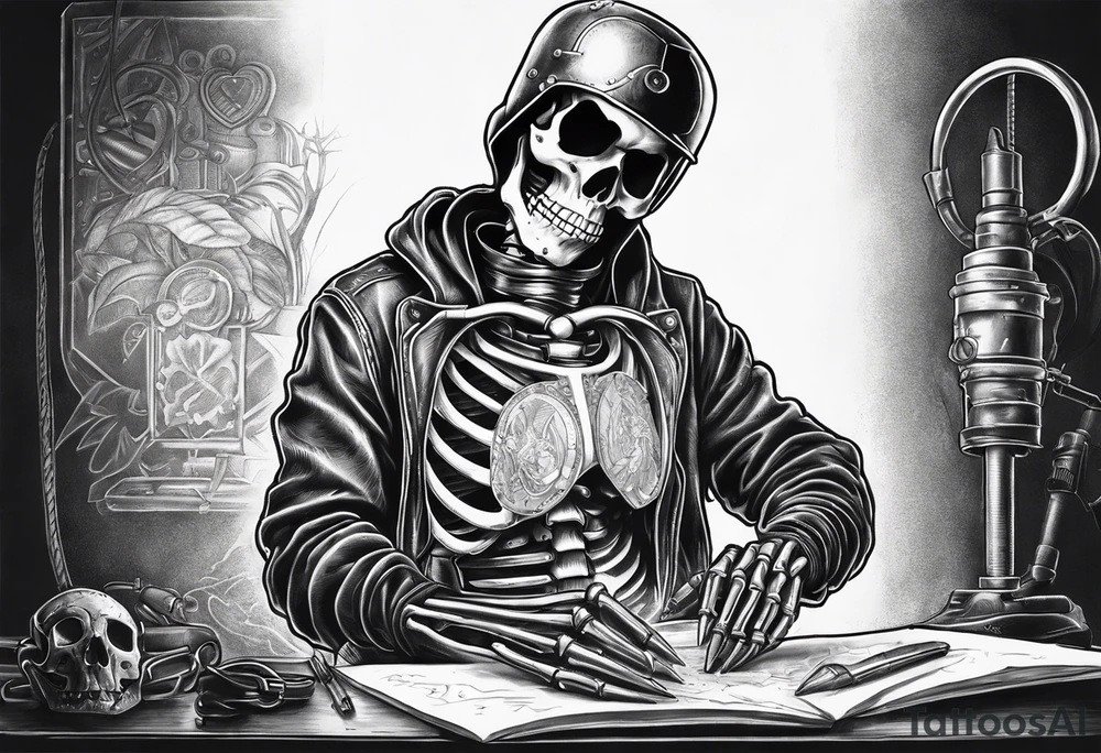 skeleton wearing a welding hood tig welding a heart back together tattoo idea
