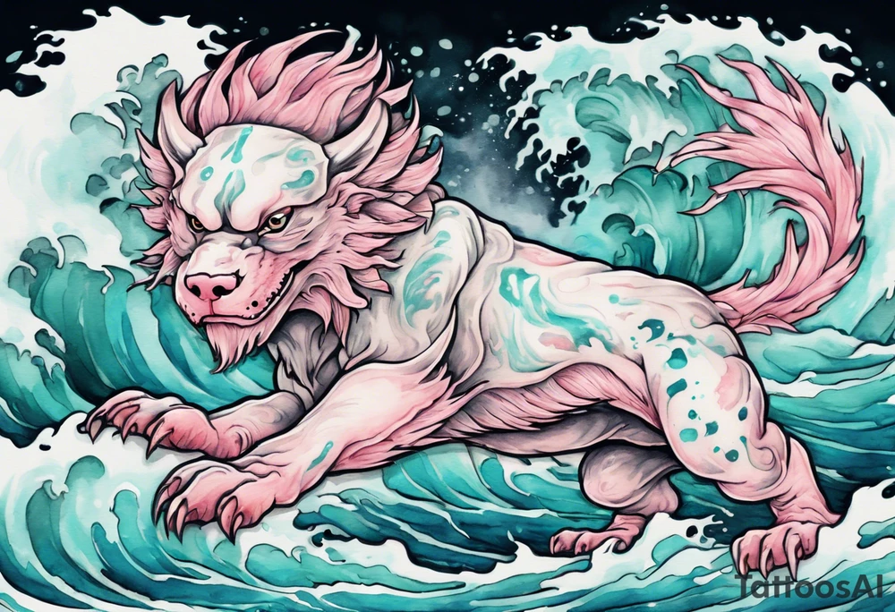 a gentle turquoise and pink Falkor emerging from the stormy sea tattoo idea