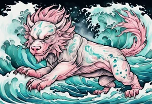 a gentle turquoise and pink Falkor emerging from the stormy sea tattoo idea