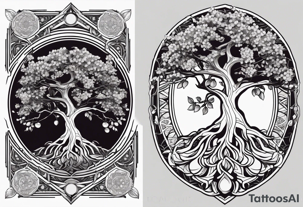 yggdrasil, five or six cherry tree flower on the upper left, the logo of tommorowland, and on the background a geometrical shape tattoo idea