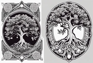 yggdrasil, five or six cherry tree flower on the upper left, the logo of tommorowland, and on the background a geometrical shape tattoo idea