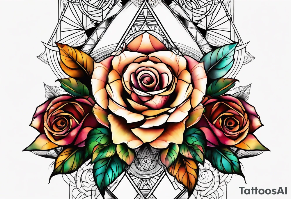 knee tattoo with sacred geometry, roses and swirl washes in background in fall colors tattoo idea