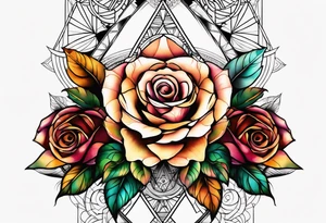 knee tattoo with sacred geometry, roses and swirl washes in background in fall colors tattoo idea