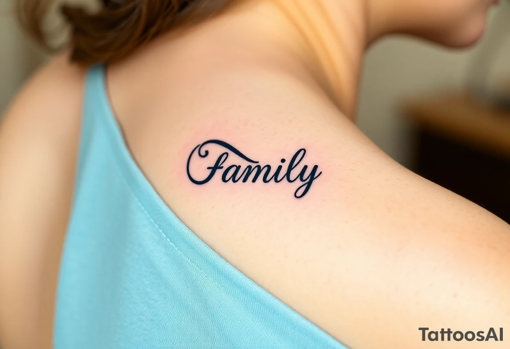 A flowing infinity symbol intertwined with the word "family" written in elegant cursive, symbolizing endless love and connection tattoo idea