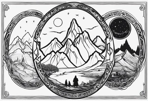 Lord of the rings main with Harry Potter mashup but clear independent visual symbolism of both movies. Small and minimal. tattoo idea