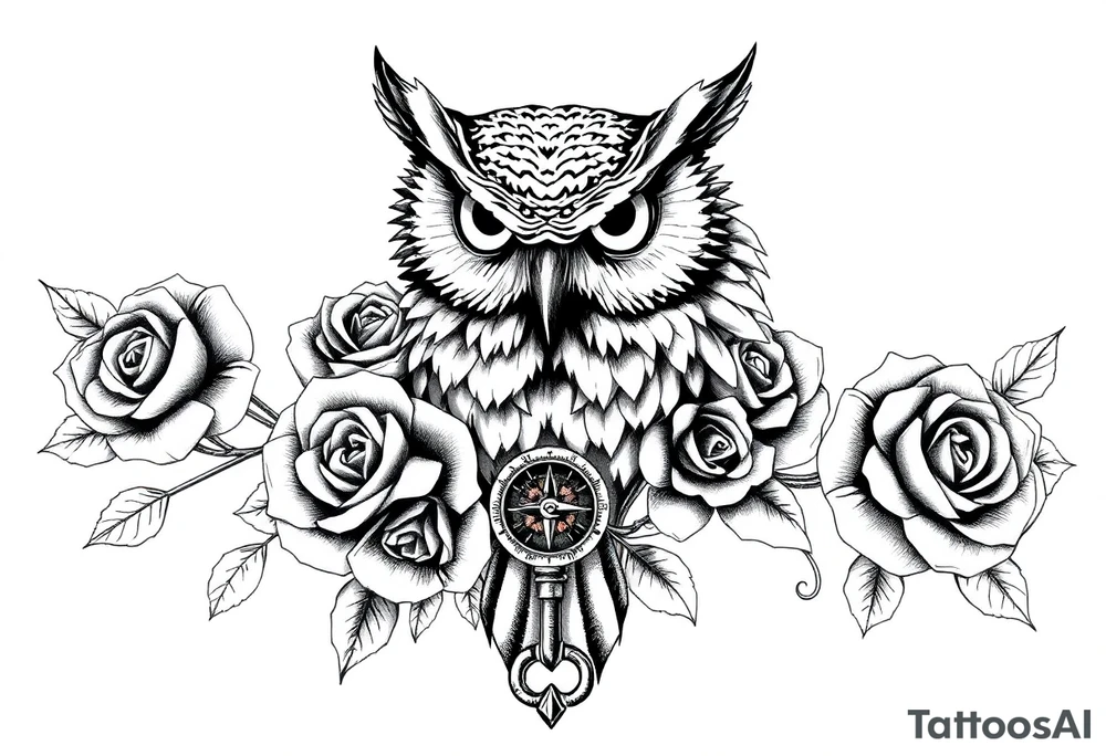 an owl,roses,compass,key. tattoo idea