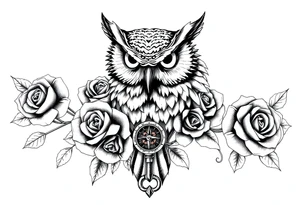 an owl,roses,compass,key. tattoo idea