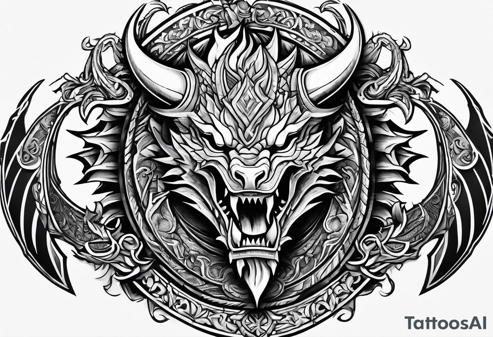 Valhalla sword shield dragon head axe armour tattoo idea