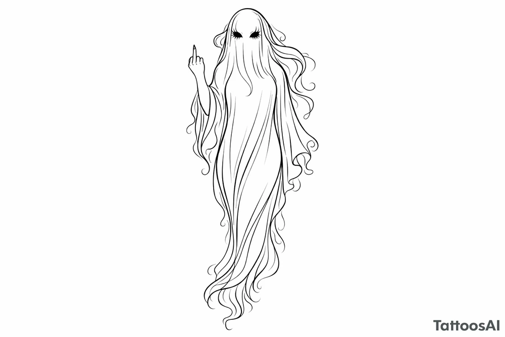 Tall girly ghost line work with middle finger up tattoo idea