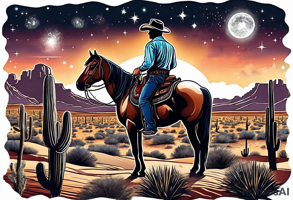 Cowboy standing in the Arizona desert with galaxy sky tattoo idea