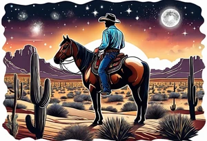 Cowboy standing in the Arizona desert with galaxy sky tattoo idea