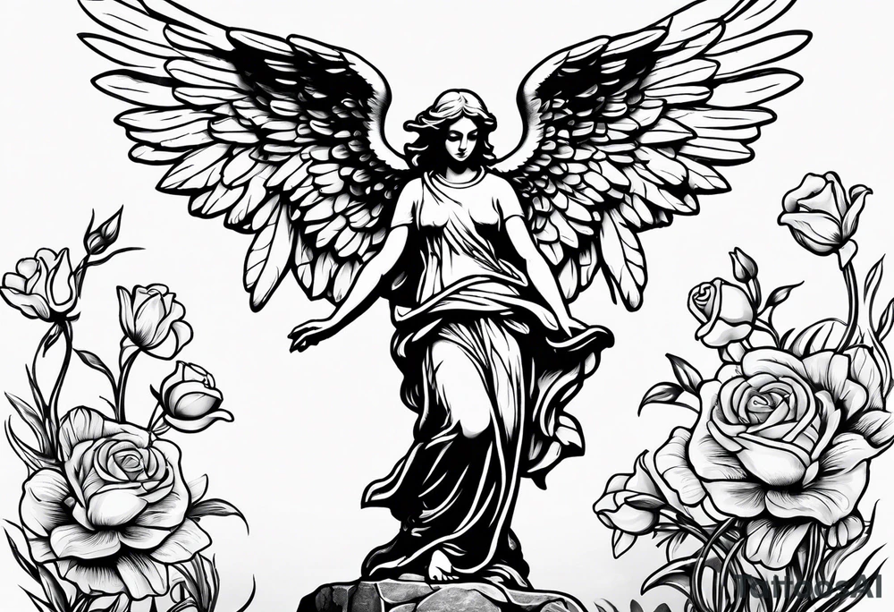 Simple Angel statue stood on a rock with daffodils and roses wrapped around its legs tattoo idea